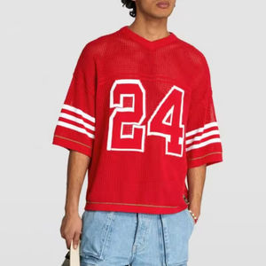 Maillot de sport personnalisé à manches courtes en <span class=keywords><strong>maille</strong></span> pour le rugby, maillot de football américain ajouré, <span class=keywords><strong>pull</strong></span> tricoté <span class=keywords><strong>rouge</strong></span> - Product Image 2