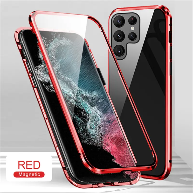 Metal Frame Magnetic Phone Case 360 Full Cover Magnet Adsorption Clear Tempered Glass Phone Case For Samsung Galaxy S22 S21