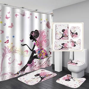 Offre Spéciale 4 pièces maison imperméable Polyester tissu rose fleur papillon fille <span class=keywords><strong>rideau</strong></span> de <span class=keywords><strong>douche</strong></span> ensemble - Product Image 1
