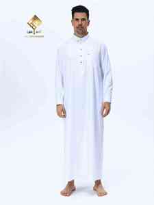 Al Haramain <b>Men's</b> White Cotton <b>Thobe</b> Long Sleeve Solid Color Floor Length Prayer Wear Modest Style Regular Fit - Product Image 1
