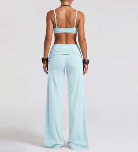 Striped Halter Double Layered Breathable <b>Bra</b> Top With Fold-over Waistband High Waist Wide Leg Yoga Pants Leggings Set - Product Image 4