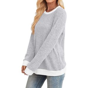Pull à manches longues pour femme, coupe ample, col rond, color block, haut décontracté d'automne, tricot anti-boulochage - Product Image 3