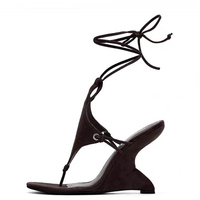 Sandales à Talon Original Personnalisées pour Femme, à Lanières Croisées à Lacets, Bout Clip, Talon Compensé Haut, Chaussures Habillées en Daim
