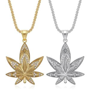 Collier avec pendentif feuille d'érable en acier inoxydable avec strass, bijoux Hip Hop unisexe, cadeau pour hommes et femmes - Product Image 1