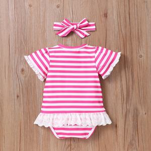 2021 Summer Baby Bodysuit 2 Pcs <strong>Lace</strong> Striped Love Rainbow Short Sleeve Baby <strong>Rompers</strong>+bow Headband Casual Sweet Baby Clothes 0-18M - Product Image 5
