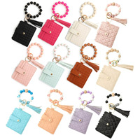 Kaarthouder sleutelhanger geweven geruite ruit gestreepte muntportemonnee dames ID creditcardhouder siliconen kwast kralen armband