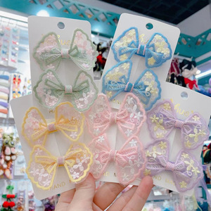 Children's lace embroidered <b>bow</b> hair <b>clip</b>, Korean style, candy-colored duckbill <b>clip</b>, fabric side bangs <b>clip</b>. - Product Image 1