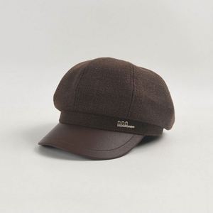 2024 New Autumn Winter Solid Color Women Lady Tweed Beret Vintage PU Leather Brim Stitched Newsboy <b>Hat</b> - Product Image 2