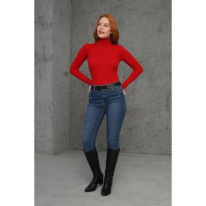 Suéter de Punto con Cuello Alto y Detalle Acanalado Rojo para Mujer, Marca Lustrin - Venta al Por Mayor, Talla Estándar, Poliéster y Elastano - Product Image 4