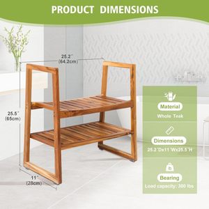 Wooden <b>Bathroom</b> <b>Stool</b> With Armrests 2 Tier Solid Wood Minimalist Design For Home Use - Product Image 3