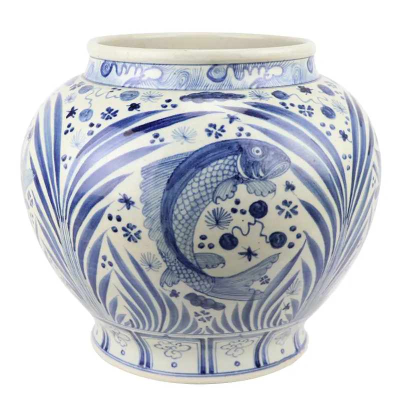 Jingdezhen Ceramic Antique Yuan Blue and White Fish and Algae Pattern Ceramic Indoor Planter