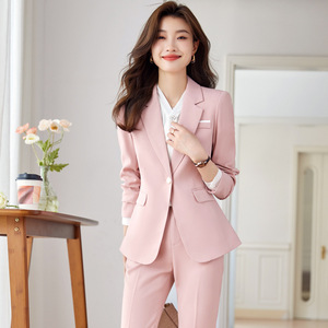 Women's Pink Suit Set Full Sleeve Anti-Wrinkle Office Lady Commute Work Uniform - Product Image 1