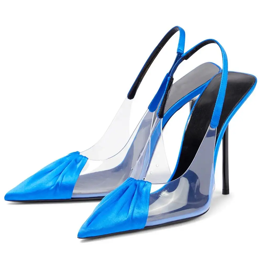 Custom Plus Size Party Blue Satin Clear PVC Pointed Toe Thin Heel Slingbacks Slip On High Heels Pumps Women Shoes