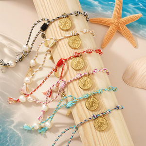 2025 New Arrivals Light Luxury Peruvian Knot Hand-Rubbed Jesus Brass Charms Cotton Rope Braided <b>Bracelets</b> - Product Image 1