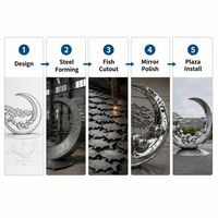 Grande sculpture d'art métallique extérieure en acier inoxydable miroir, motif vague de banc de poissons croissant, pour jardin et place publique, fabrication sur mesure