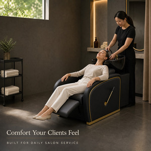 Sillón de Peluquería Moderno en Cuero Negro con Lavabo de Cerámica y Detalles en Dorado para Salón de Belleza y Barbería - Product Image 3