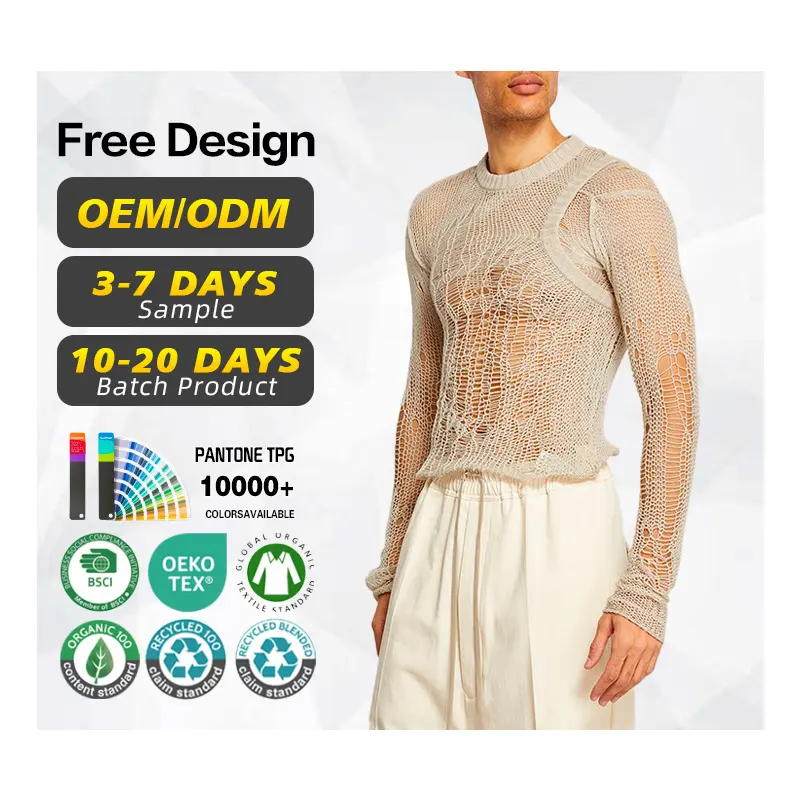 La nueva moda de verano de tela de algodón para hombre, camiseta sin mangas de malla de punto liso Beige, prendas de punto caladas, suéter de red desgastado para hombre