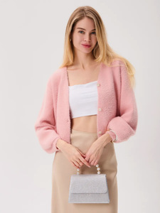 2026 Atacado Suéter Feminino Macio, Aconchegante e Fofo, Tricô Chique com Decote em V e Pele Sintética, Cardigã Elegante Abotoado de Manga Longa Cropped Felpudo - Product Image 1
