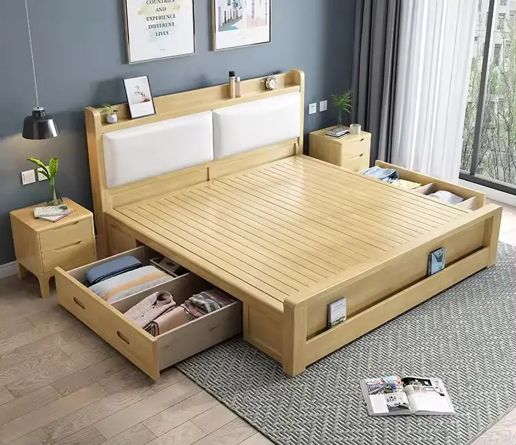 Italiaanse Luxe Bed Teak Houten Bedden Queen Kingsize Bed Frame Moderne Villa Home Wood Hotel Slaapkamer Meubilair Commercial