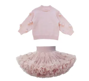 Two pieces long sleeve soft knitting pullover sweater with tutu skirt toddler girl winter clothing sets
