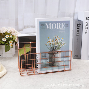 Metal Three Compartment <b>Bookshelf</b> Desktop Organizer Rose Gold Storage Rack For Office Home Use - Product Image 2