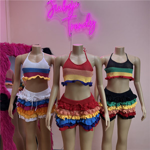 Summer New Colorful Striped <b>Knit</b> Two Piece <b>Sets</b> Women Spaetti Strap Crop Top + Ruffle Sorts Outfits - Product Image 1