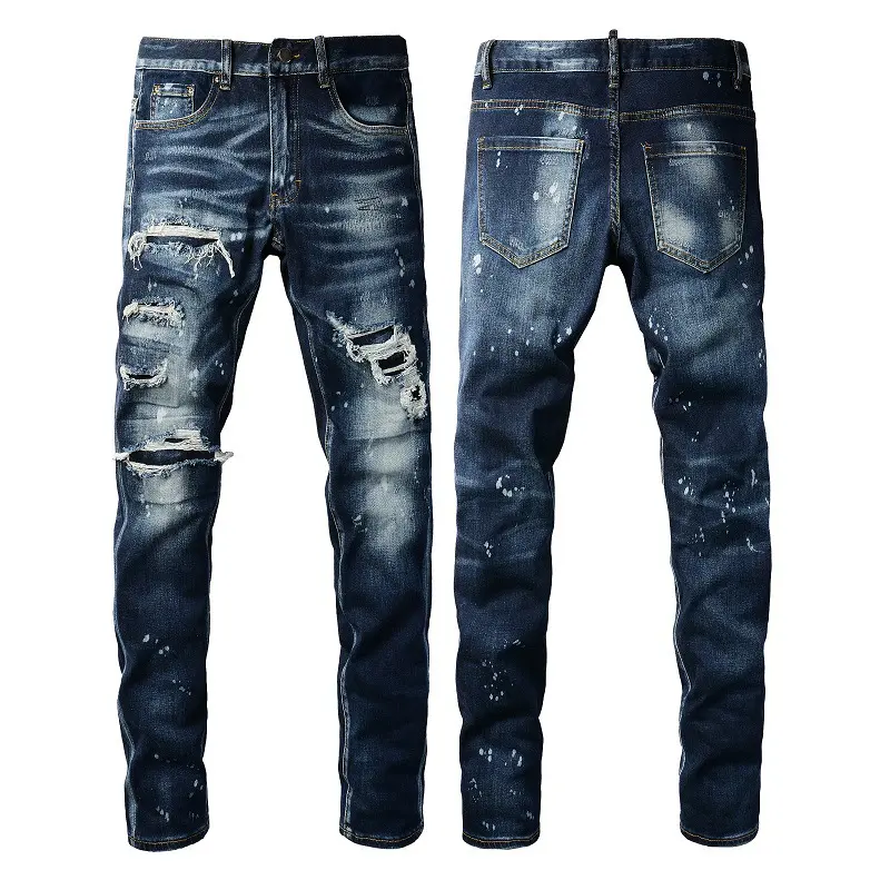 2024 nuevo comercio exterior personalizado marca de moda europea y americana High Street Hole Patch Jeans Blue Jeans para hombres