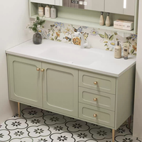 Meuble de salle de bain de luxe léger à la française, combinaison chêne et surface solide, vasque intégrée, lavabo sur pied