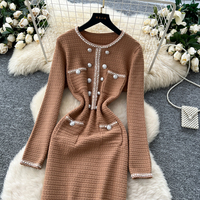 Robe élégante pour femmes à manches longues en tricot, robe moulante mi-longue décorée de perles pour un usage quotidien, robes élégantes pour femmes
