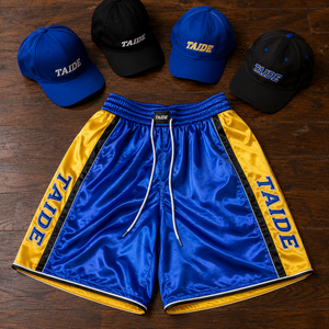 Shorts de basketball en satin certifiés BSCI TaiDe, avec blocs de couleur, bande latérale, style universitaire, coupe ample, rétro, logo personnalisé, fabricant OEM - Product Image 1