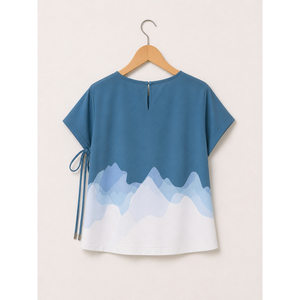 Camiseta azul con estampado abstracto para mujer, informal, de manga corta, cuello redondo, con lazo lateral, ropa de verano, camiseta holgada y elegante - Product Image 1
