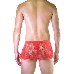 Men's <b>Sexy</b> Low Rise Lace Flared Skirt Shorts <b>Thong</b> See Through Seductive Underwear Red - Product Image 4