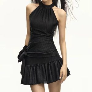 Vestido Midi Negro sin Mangas con Cuello Halter, Estilo Vintage con Volantes, para Mujer, Primavera, Verano, Otoño - Product Image 2
