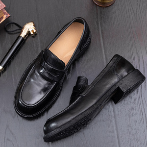 Chaussures habillées pour hommes en cuir véritable, bout rond, à enfiler, semelle extérieure en caoutchouc marron uni, semelle intermédiaire en bois, toutes saisons, pour le travail - Product Image 2