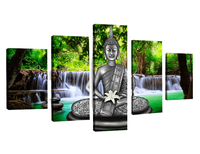 Peinture sur toile murale en aquarelle Cascade de Bouddha, 5 pièces, décoration de salon, paysage moderne, arbres de Bouddha, Zen, tendu sur châssis