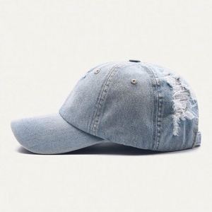OEM Custom <b>Plain</b> Blank Worn Out Denim Baseball <b>Cap</b>,Unisex Distressed Denim Fabric Dad Hat,Luxury Gorras Washed Blue Jeans <b>Cap</b> - Product Image 4