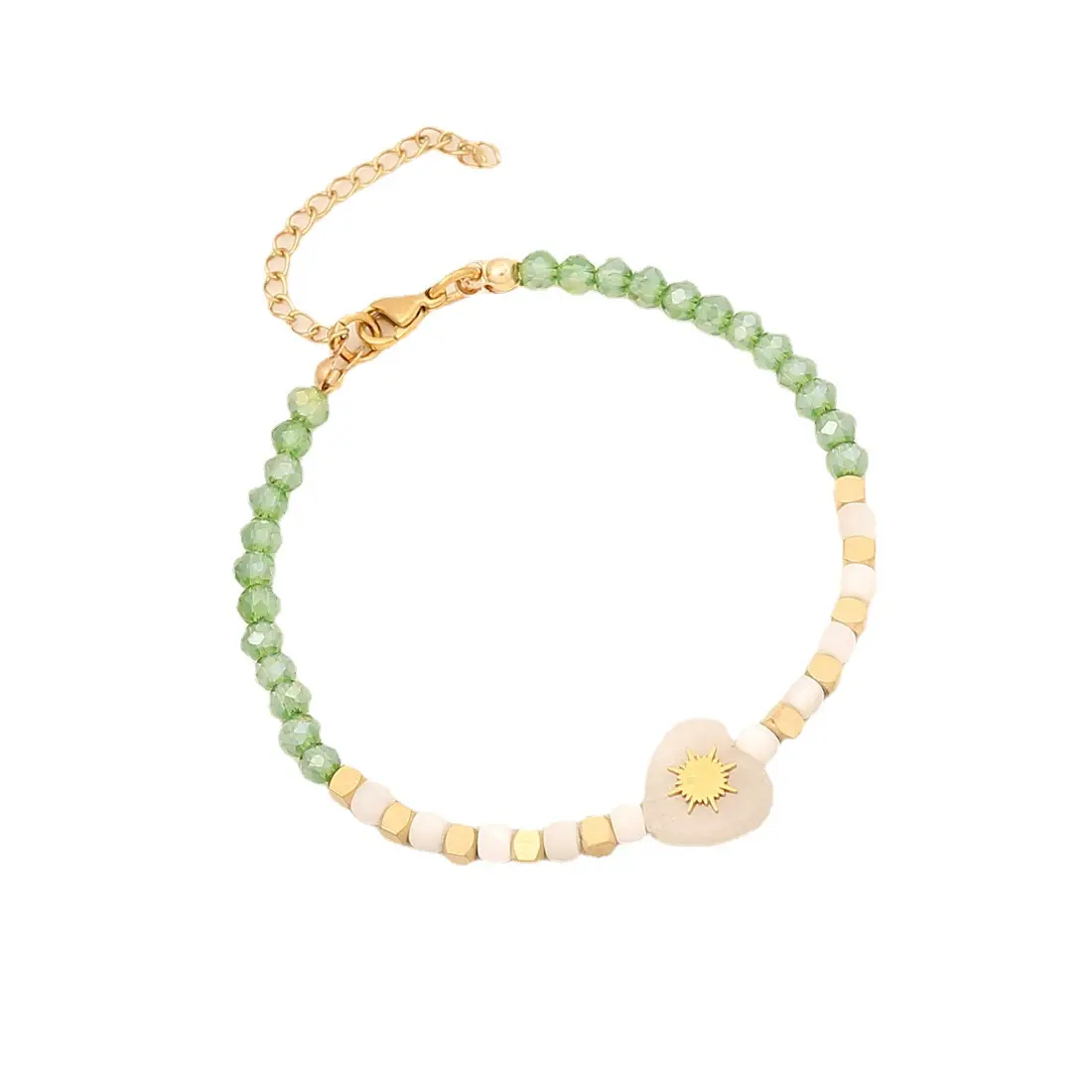 Uniquely Designed Stacking Bracelet Assorted Faceted Crystal Beads Heart Center Charm Gold Stainless Steel Spacers Bracelet