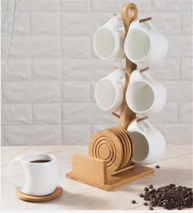 Tazas de café de cerámica de color blanco, elegantes, apilables, decorativas, de forma moderna, con soporte