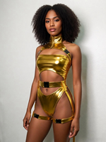 Costume de carnaval OEM personnalisé, monokini doré métallisé brillant, col montant, fermeture éclair, découpes, harnais de cuisse, bande de masque