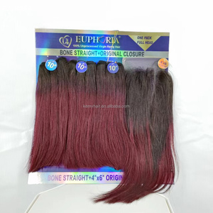 Kemy tóc 3 + 1 <span class=keywords><strong>Ombre</strong></span> 99j Trinh Nữ lớp biểu bì phù hợp nguyên liệu tóc mở rộng xương tóc thẳng bó với 4*6 đóng gói cho phụ nữ - Product Image 3