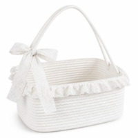 Panier de rangement rectangulaire en corde de coton tressée, 34,5x25,5x15cm, anti-renversement, avec longues poignées et rubans, pour cadeaux et articles de décoration