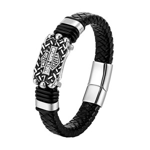 <span class=keywords><strong>Bracciale</strong></span> da <span class=keywords><strong>uomo</strong></span> in acciaio inossidabile con scudo, stile hip-hop, punk, in pelle intrecciata, alla moda - Product Image 1