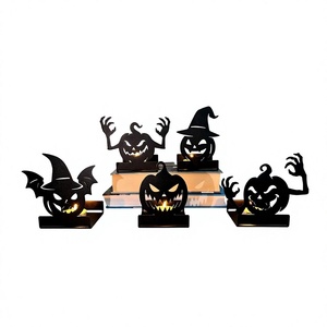 Portavelas de metal con forma de calabaza para Halloween, con sombrero de bruja negro y silueta de murciélago, para decoración del hogar en Halloween. - Product Image 1