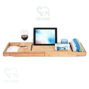 Caddy de douche en bambou naturel Plateau de bain à longueur réglable avec supports Caddy de bain - Product Image 1