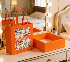 Orange Floral Eco-Friendly High-End Gift Box Set Gold Foil Sponge Lining <b>Matching</b> Handbag Made Thick White Cardboard Vibrant - Product Image 2