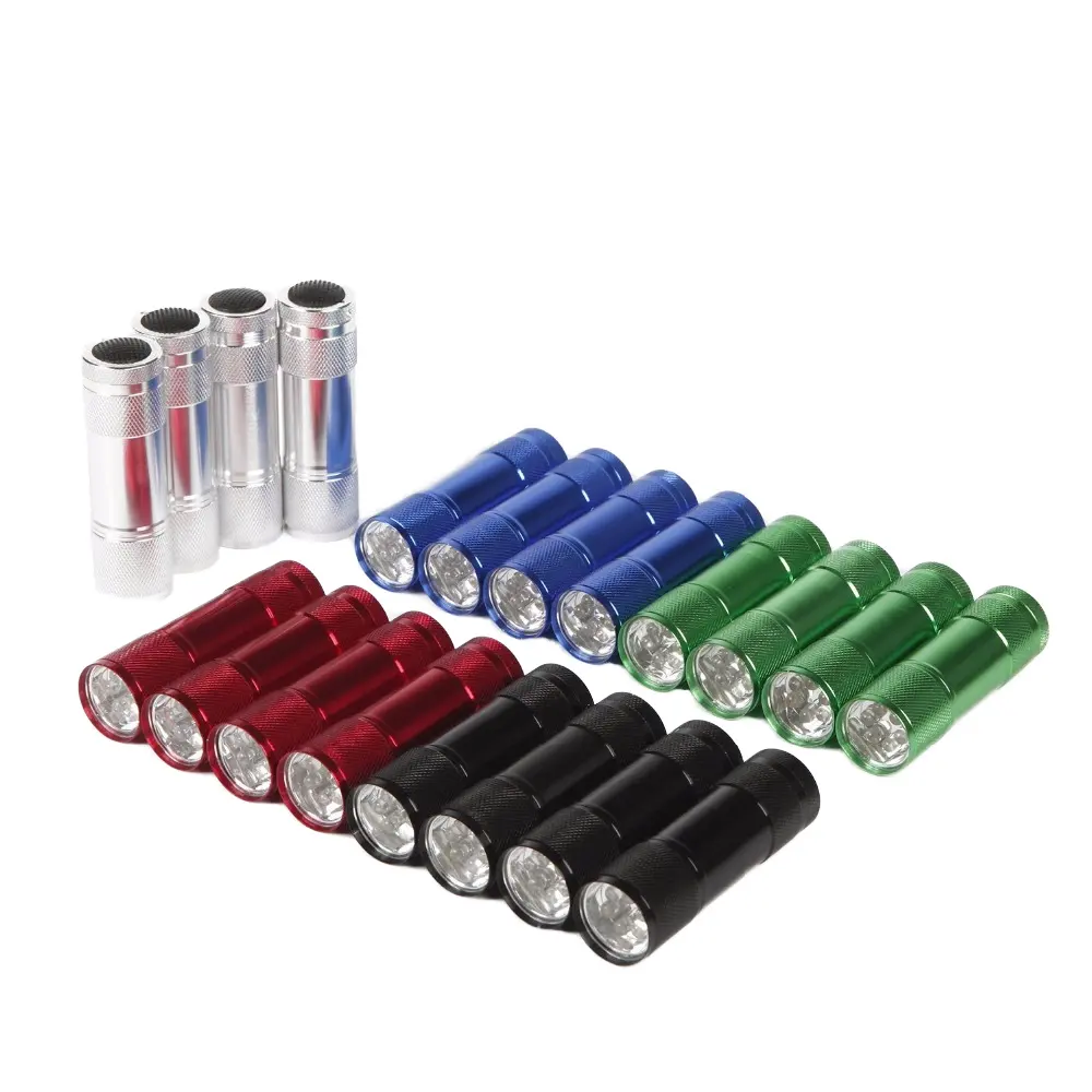 कैम्पिंग के लिए डोरी मिश्रित रंग प्लास्टिक बॉडी बैटरी चालित सुपर ब्राइट 9 एलईडी मिनी एल्यूमिनियम फ्लैशलाइट