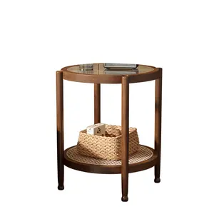 현대 이탈리아 소박한 간단한 거실 가구 유리 상단 등나무 지팡이 고리 버들 오크 나무 라운드 낮은 커피 티 테이블 세트