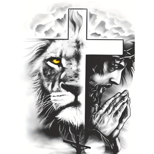 T-Shirt da Uomo all'Ingrosso con Stampa di Leone su Sfondo Bianco ed Elementi a Croce, Stile Fede e Selvaggia - Product Image 3