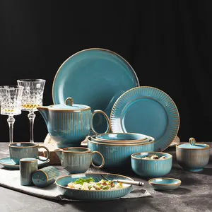 创意圆形椭圆形蓝色陶瓷碗杯优雅盘子陶瓷餐具套装送货上门