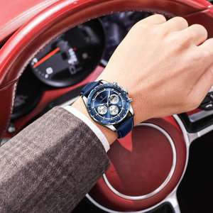 POEDAGAR 879 Montre Homme Bracelet en <span class=keywords><strong>Cuir</strong></span> Quartz Chronographe Affichage 24 Heures Trois Yeux Design Cadran Aiguilles Lumineuses Montres Homme - Product Image 2